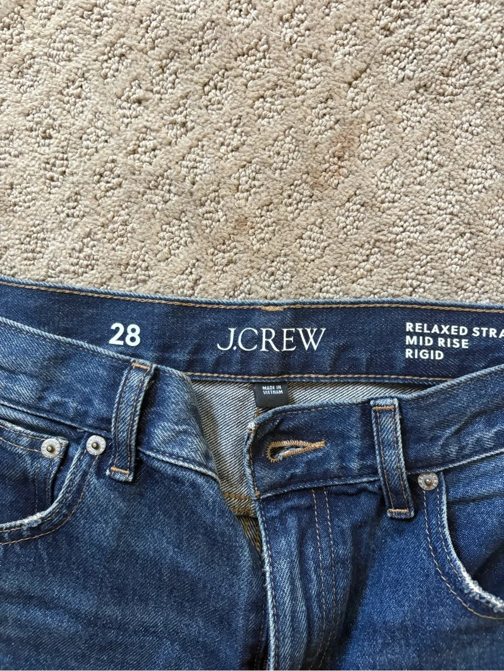 J. Crew Straight-Leg Dark Blue Jeans with Red & Pink Side Stripes